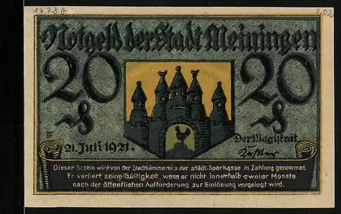 Notgeld Meiningen 1921, 20 Pfennig, Wappen mit Burg und Hahn