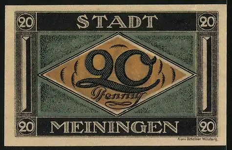 Notgeld Meiningen 1921, 20 Pfennig, Wappen mit Burg und Hahn