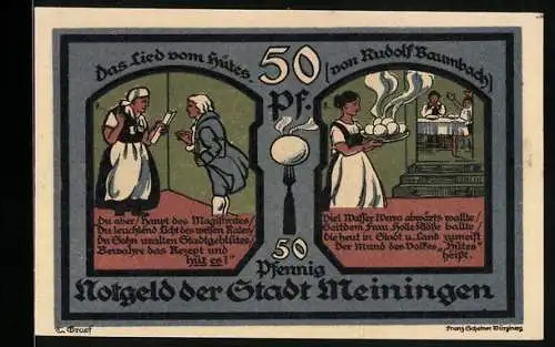 Notgeld Meiningen 1921, 50 Pfennig, Frau Holle gibt das Kartoffelkloss-Rezept weiter