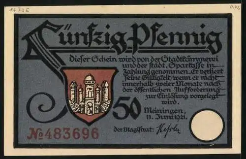 Notgeld Meiningen 1921, 50 Pfennig, Frau Holle gibt das Kartoffelkloss-Rezept weiter