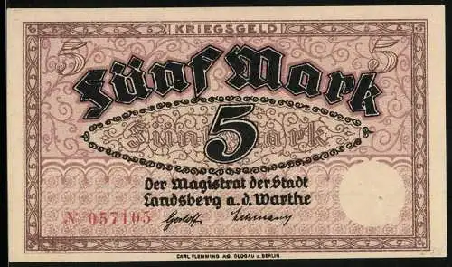 Notgeld Landsberg a. d. Warthe, 5 Mark, Kontroll-Nr. 057105