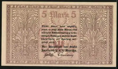 Notgeld Landsberg a. d. Warthe, 5 Mark, Kontroll-Nr. 057105