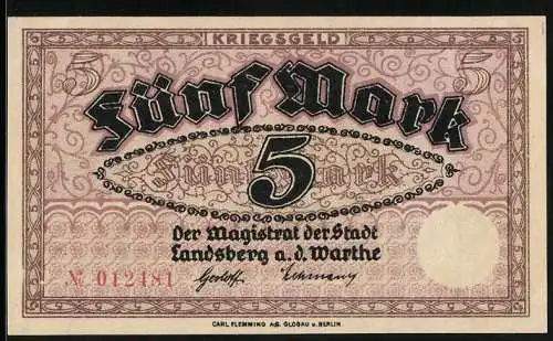 Notgeld Landsberg a. d. Warthe, 5 Mark, Kontroll-Nr. 012481