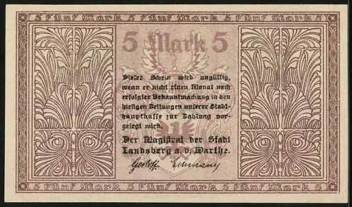 Notgeld Landsberg a. d. Warthe, 5 Mark, Kontroll-Nr. 012481