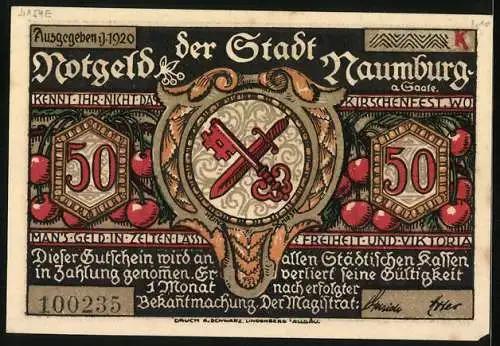 Notgeld Naumburg a. Saale 1920, 50 Pfennig, Der Prokop schenkt dem Mädchen Kirschen