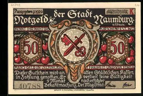 Notgeld Naumburg a. Saale 1920, 50 Pfennig, Das Mädchen bekommt Kirschen vom Prokop