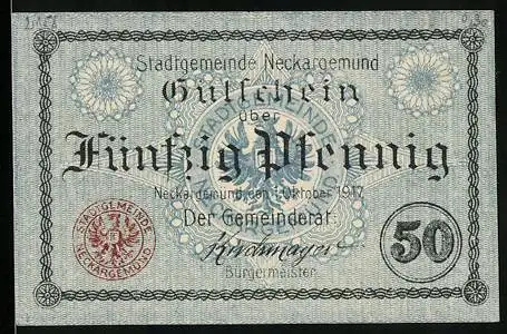 Notgeld Neckargemünd 1917, 50 Pfennig, Bürgermeister Kirchmayers Unterschrift