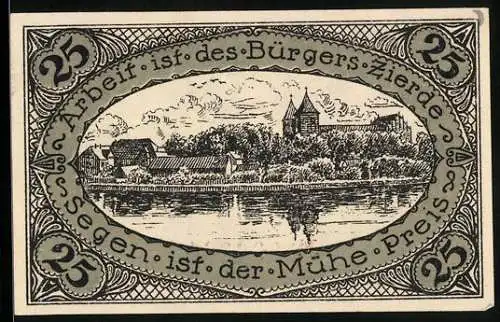 Notgeld Neidenburg /O.-Pr. 1920, 25 Pfennig, Ortsansicht vom Wasser aus
