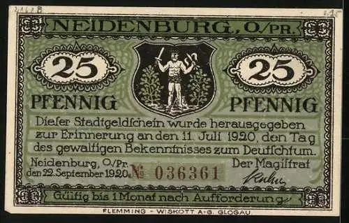 Notgeld Neidenburg /O.-Pr. 1920, 25 Pfennig, Ortsansicht vom Wasser aus
