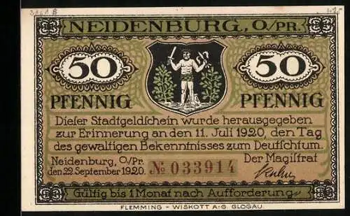 Notgeld Neidenburg /O.-Pr. 1920, 50 Pfennig, Ortsansicht vom Wasser aus