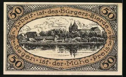 Notgeld Neidenburg /O.-Pr. 1920, 50 Pfennig, Ortsansicht vom Wasser aus