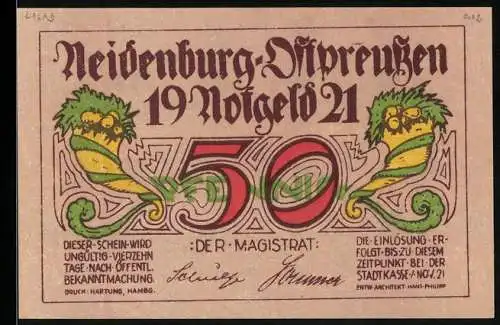 Notgeld Neidenburg /Ostpreussen 1921, 50 Pfennig, Die zerstörte Kirche nach dem Russeneinfall 1914