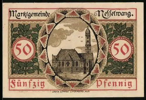 Notgeld Nesselwang 1918, 50 Pfennig, Ansicht der Kirche