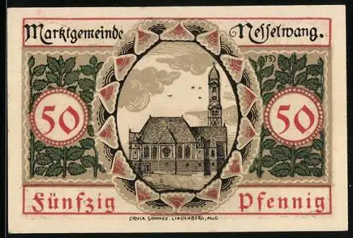 Notgeld Nesselwang 1918, 50 Pfennig, Blick auf die Kirche