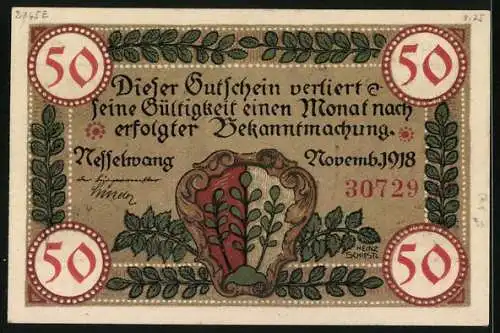 Notgeld Nesselwang 1918, 50 Pfennig, Blick auf die Kirche