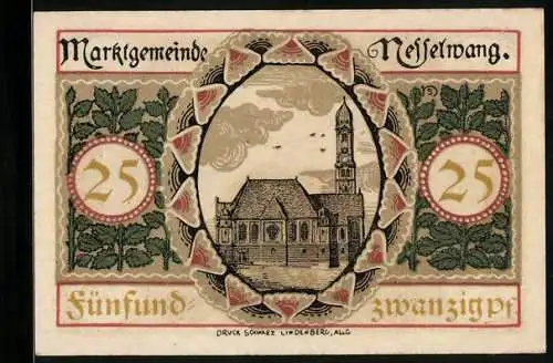 Notgeld Nesselwang 1918, 25 Pfennig, Blick zur Kirche