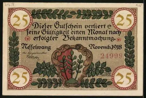 Notgeld Nesselwang 1918, 25 Pfennig, Blick zur Kirche