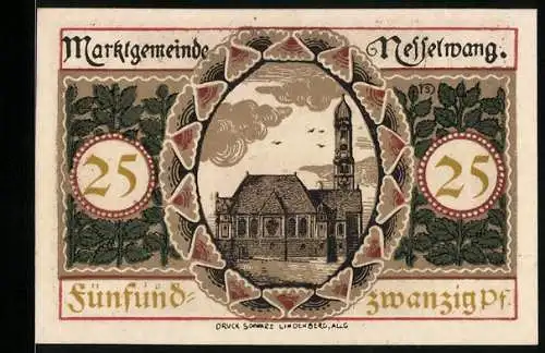 Notgeld Nesselwang 1918, 25 Pfennig, Ansicht der Kirche