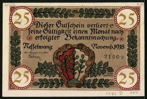 Notgeld Nesselwang 1918, 25 Pfennig, Ansicht der Kirche