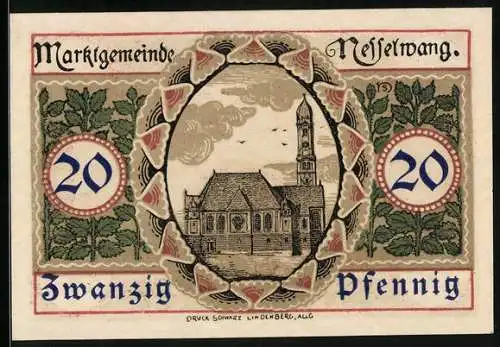 Notgeld Nesselwang 1918, 20 Pfennig, Blick zur Kirche