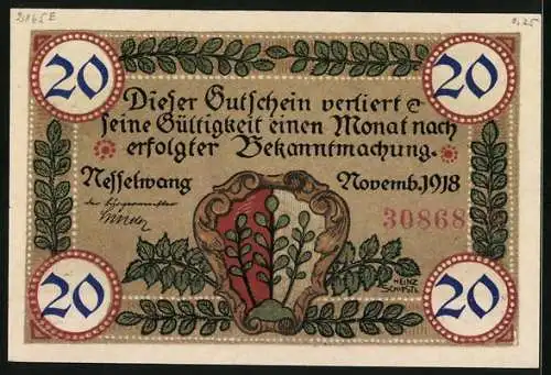 Notgeld Nesselwang 1918, 20 Pfennig, Blick zur Kirche