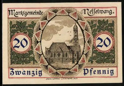 Notgeld Nesselwang 1918, 20 Pfennig, Ansicht der Kirche
