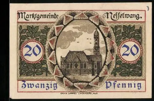 Notgeld Nesselwang 1918, 20 Pfennig, Ansicht der Kirche