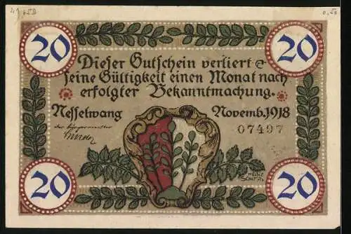 Notgeld Nesselwang 1918, 20 Pfennig, Ansicht der Kirche