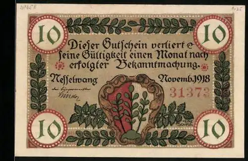 Notgeld Nesselwang 1918, 10 Pfennig, Blick zur Kirche