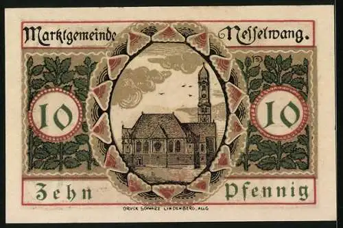 Notgeld Nesselwang 1918, 10 Pfennig, Blick zur Kirche