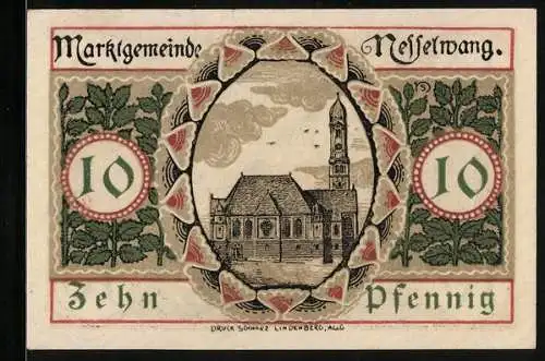 Notgeld Nesselwang 1918, 10 Pfennig, Ansicht der Kirche