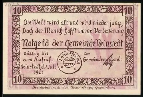 Notgeld Neinstedt 1921, 10 Pfennig, Blick zur Teufelsmauer