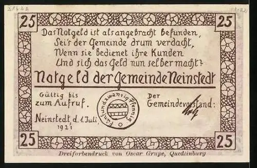 Notgeld Neinstedt 1921, 25 Pfennig, Am Bodewehr