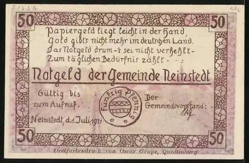 Notgeld Neinstedt 1921, 50 Pfennig, Teilansicht der Neinst. Anstalten