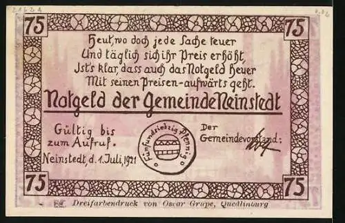 Notgeld Neinstedt 1921, 75 Pfennig, Am Kirchenbrunnen