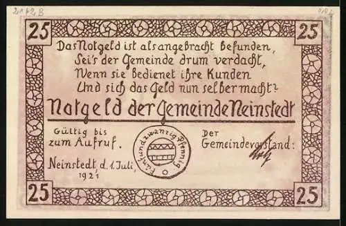 Notgeld Neinstedt 1921, 25 Pfennig, Partie am Bodewehr
