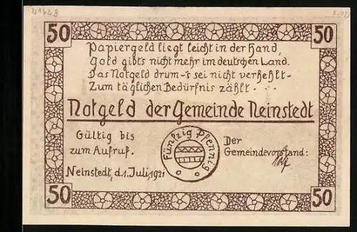 Notgeld Neinstedt 1921, 50 Pfennig, Die Neinst. Anstalten