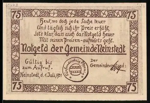 Notgeld Neinstedt 1921, 75 Pfennig, Partie am Kirchenbrunnen