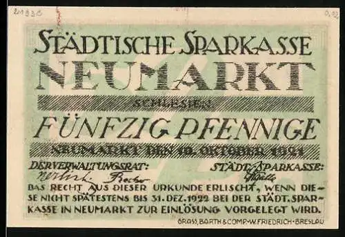 Notgeld Neumarkt 1921, 50 Pfennig, Stadtmauer mit Wehrturm