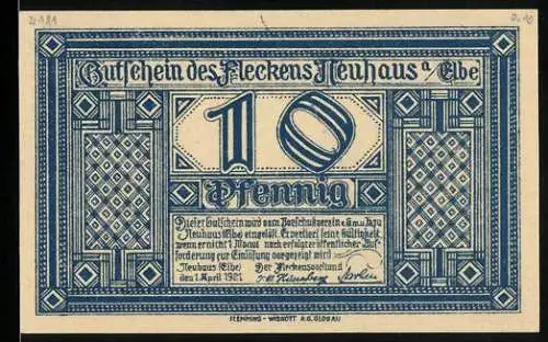 Notgeld Neuhaus a. Elbe 1921, 10 Pfennig, Geburtshaus des Afrikaforschers Dr. Karl Peters
