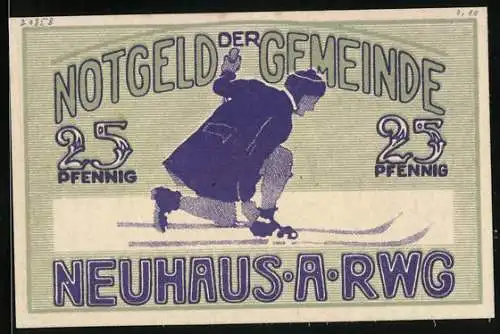 Notgeld Neuhaus a. Rwg., 25 Pfennig, Skifahrer und Wappen mit Haarnadel und Kamm