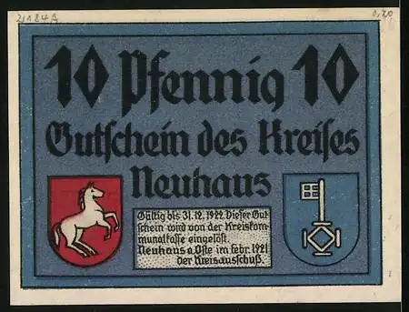 Notgeld Neuhaus 1921, 10 Pfennig, Wasserträgerin