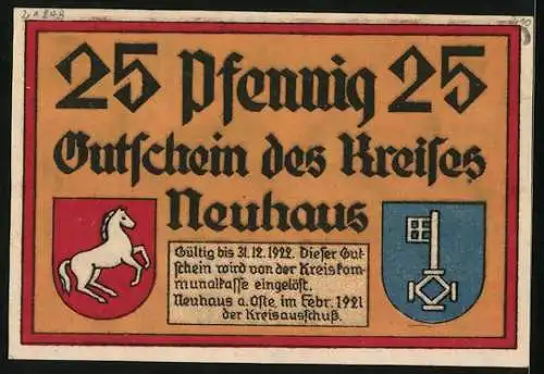 Notgeld Neuhaus 1921, 25 Pfennig, Einfahrt zum Gutshof