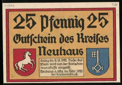 Notgeld Neuhaus 1921, 25 Pfennig, Die Einfahrt zum Gutshof