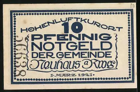 Notgeld Neuhaus a. Rg. 1921, 10 Pfennig, Mann trinkt Wasser