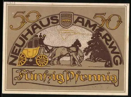 Notgeld Neuhaus am Rwg. 1921, 50 Pfennig, Die Postkutsche, Eisenbahnviadukt