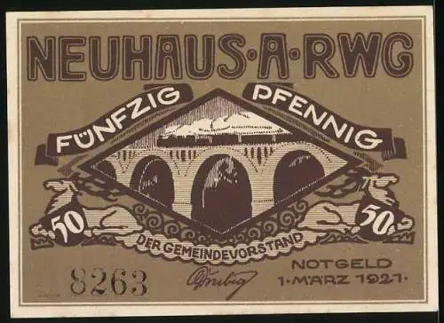 Notgeld Neuhaus am Rwg. 1921, 50 Pfennig, Die Postkutsche, Eisenbahnviadukt