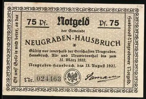 Notgeld Neugraben-Hausbruch 1921, 75 Pfennig, Trauerfeier-Gesellschaft im Gasthaus