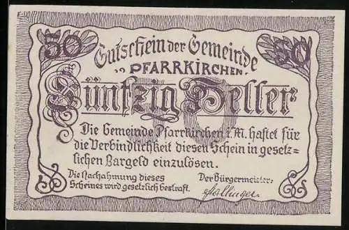 Notgeld Pfarrkirchen 1920, 50 Heller, Ortsansicht mit der Kirche