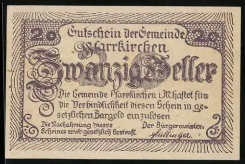 Notgeld Pfarrkirchen 1920, 20 Heller, Ortsansicht mit der Kirche